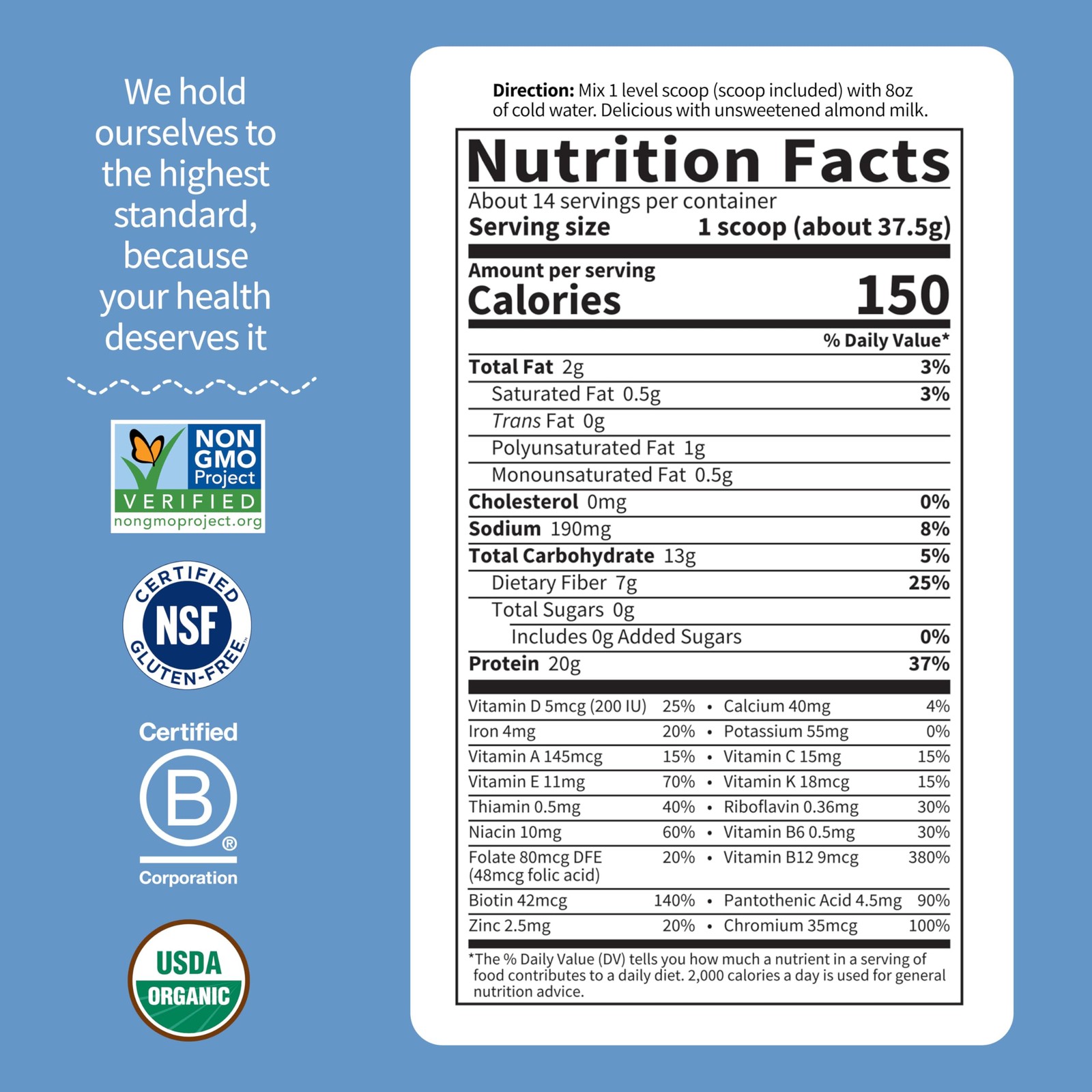 Organic Vegan Meal Replacement Shake 20g Protein 150 Calories Vanilla 17oz