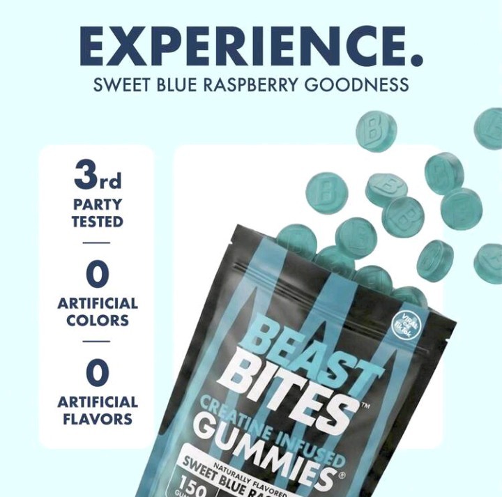 Creatine Gummies – Beast Bites Blue Raspberry, 150ct, Energy Pre-Workout Support