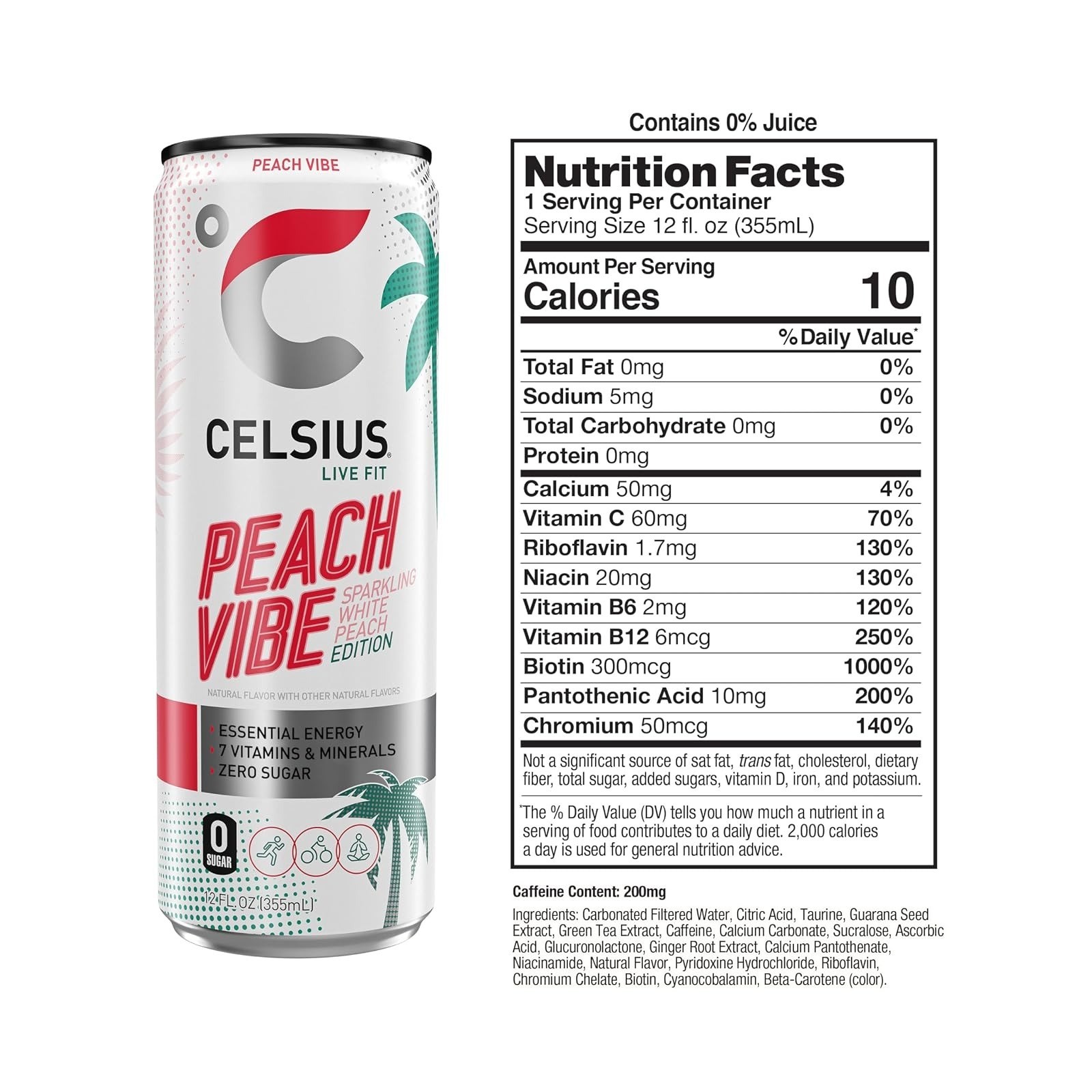 CELSIUS Peach Vibe Sparkling Energy Drink, Sugar Free, 12 Fl Oz (Pack of 12)