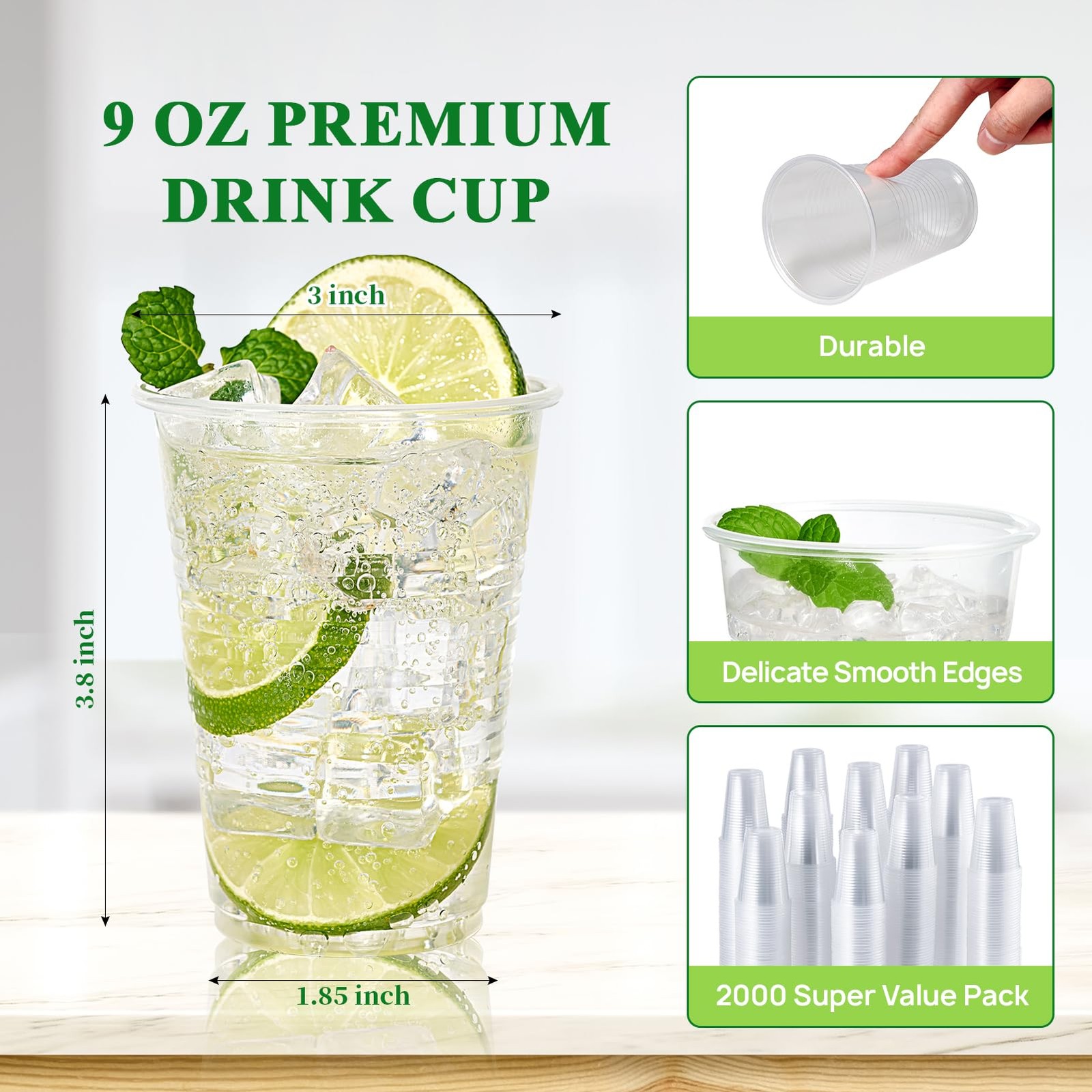 Vplus 2000 Pack 9 OZ Clear Plastic Cups 9 Ounce Disposable Cold Water Party