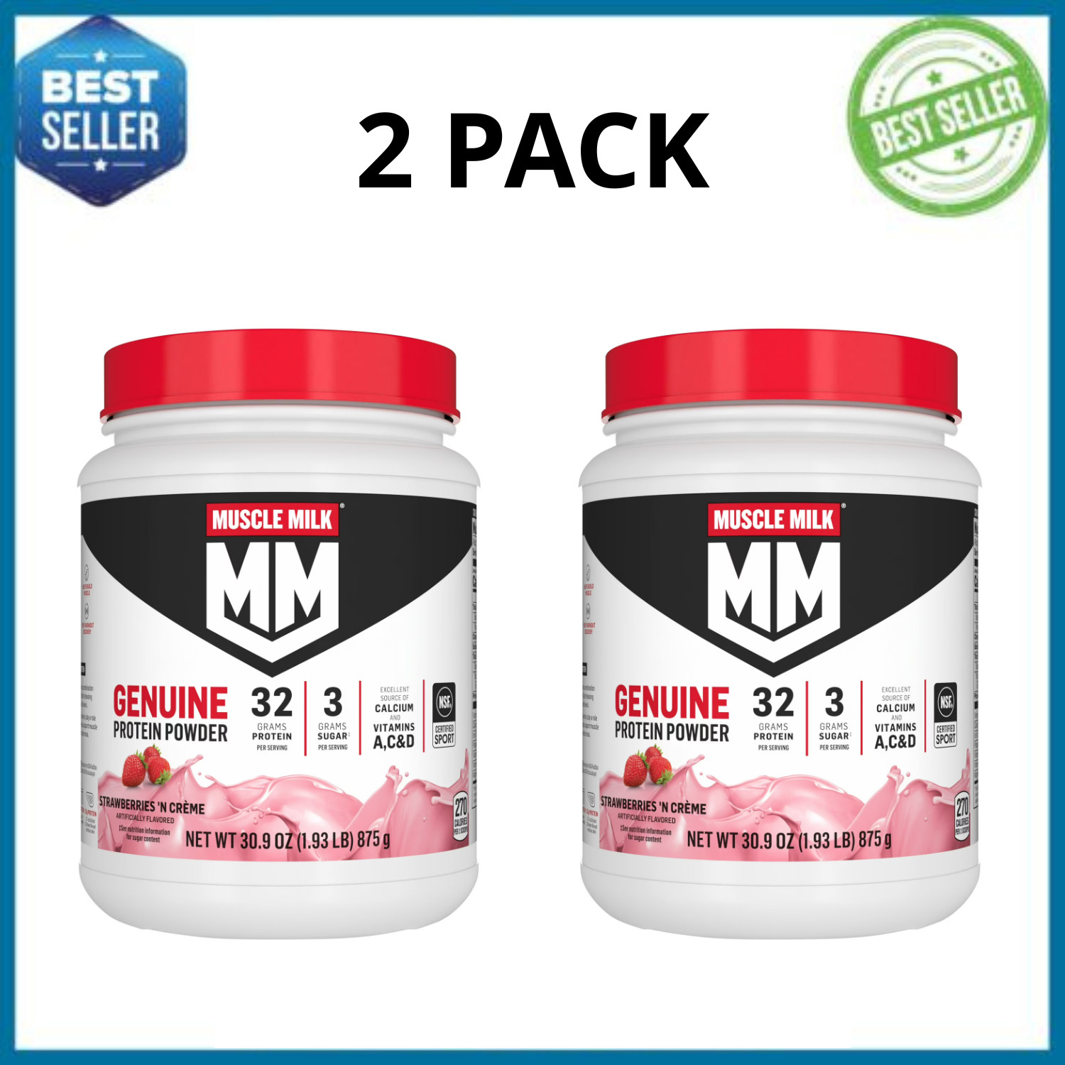 Muscle Milk Genuine Protein Powder Strawberries N Creme 32g 30.9oz, 2 Pack