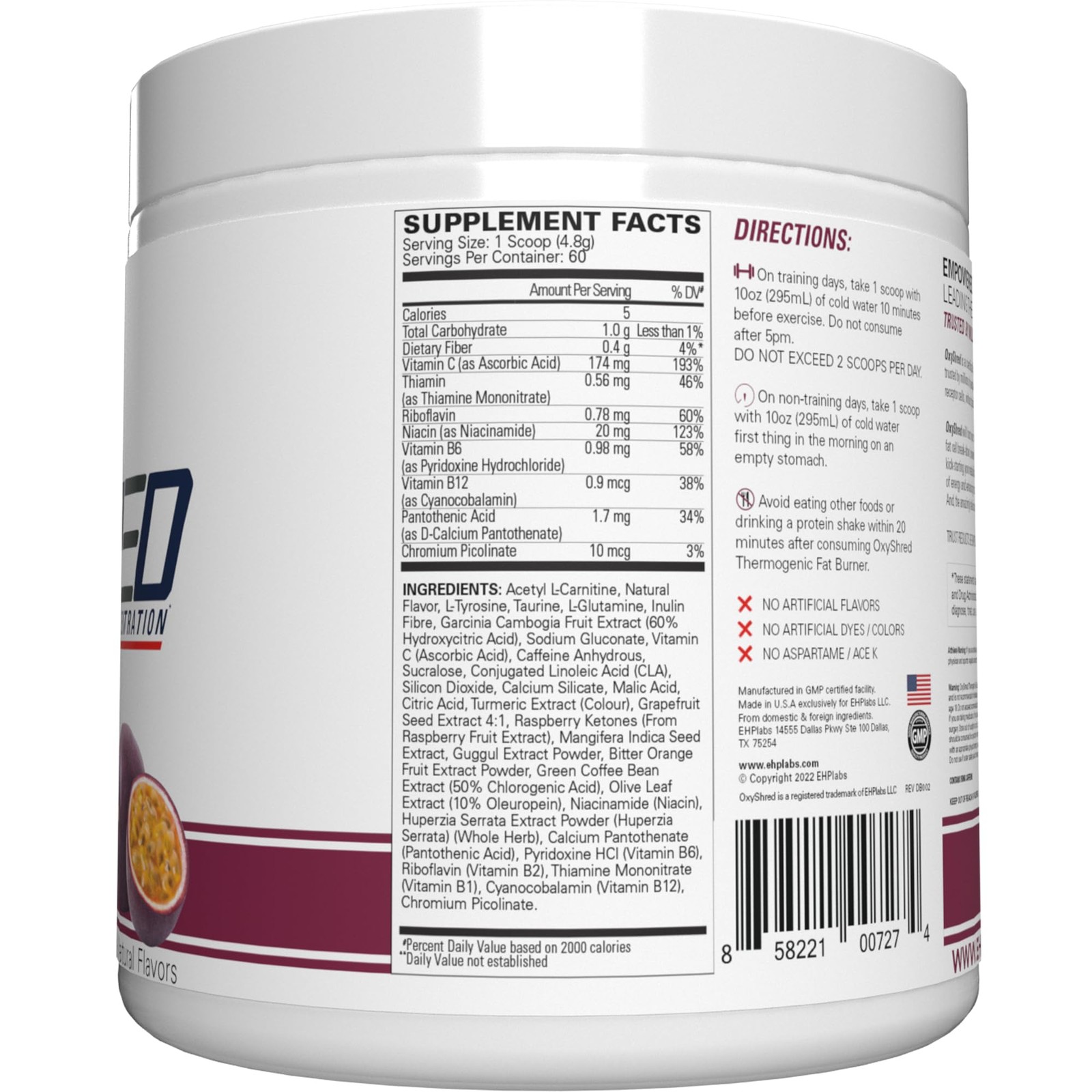 EHP Labs OxyShred Pre Workout Powder – L-Glutamine & Carnitine – Passionfruit 60