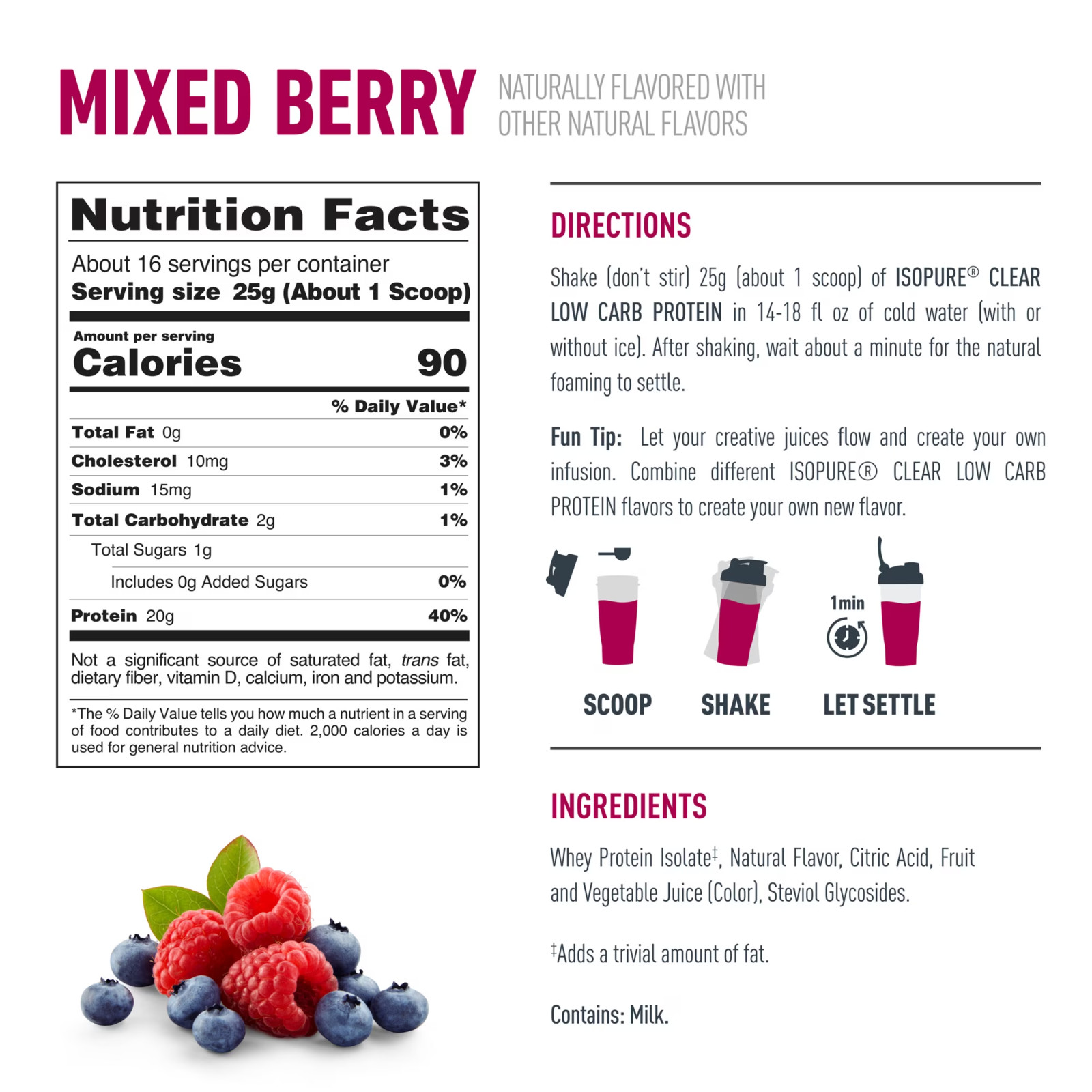 Isopure Clear Low Carb 100% Whey Protein Isolate Powder Mixed Berry, 20g Protein