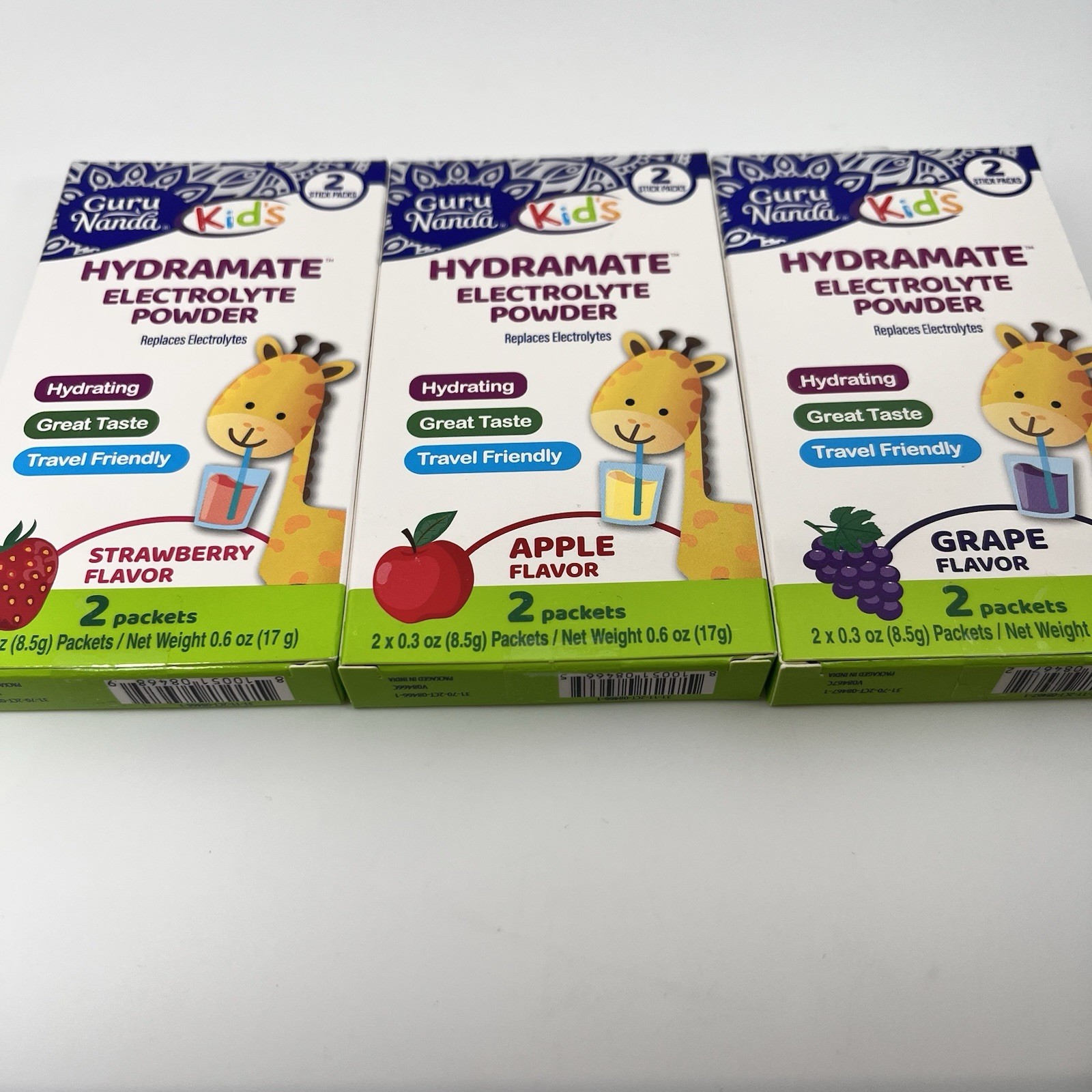 Guru Nanda Hydramate 3 boxes Kids Electrolyte Powder Apple Grape Strawberry NEW