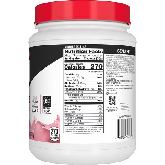 Muscle Milk Genuine Protein Powder Strawberries Crème 32G Protein 30.9oz 1.93 LB