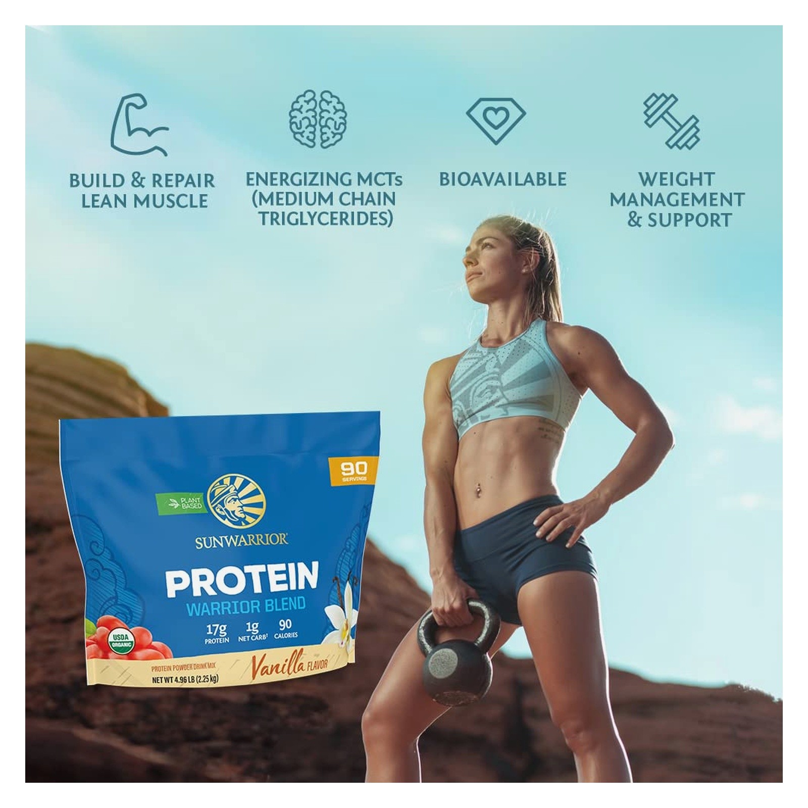 Sunwarrior Organic Vegan Protein Powder Vanilla w BCAA & Hemp Seed Blend 90 serv