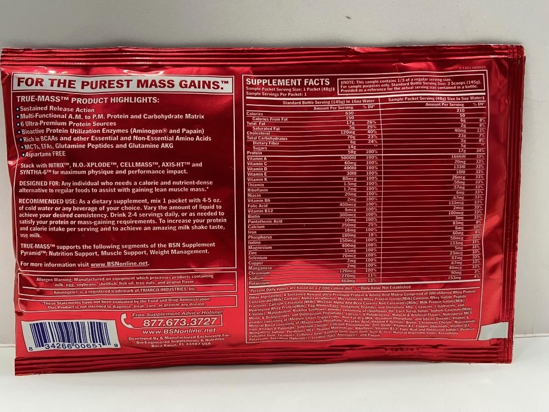 BSN True-Mass, Ultra Premium Protein/Carb Matrix, Strawberry flavor ,16 Packets