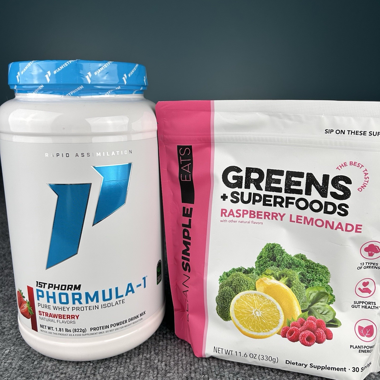 Clean Simple Eats Greens Rasp 🍋ade & 1st Phorm Strawberry Whey Protein Powder