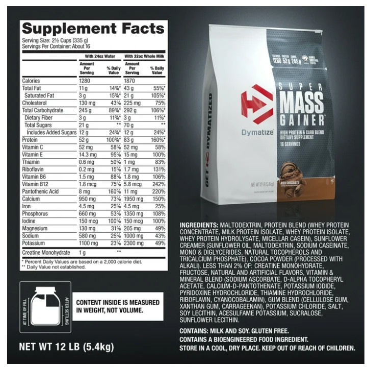 Dymatize Super Mass Gainer Rich Chocolate 12LB 52g Protein