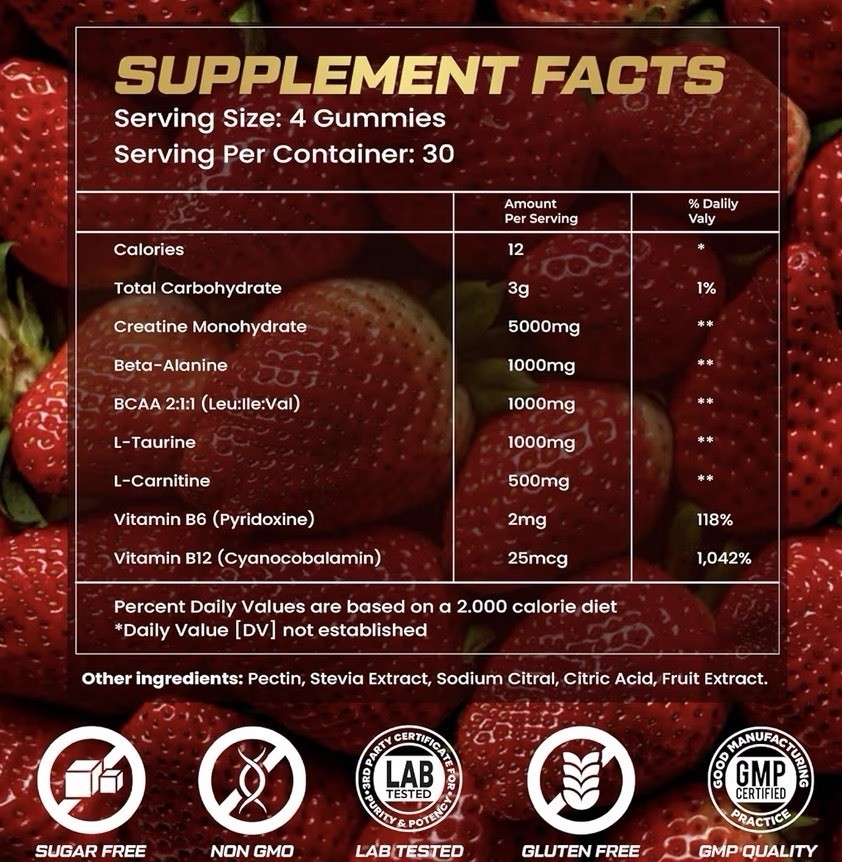 KUKALY Creatine Monohydrate Gummies 120ct Strawberry 5000mg Sugar Free Vegan