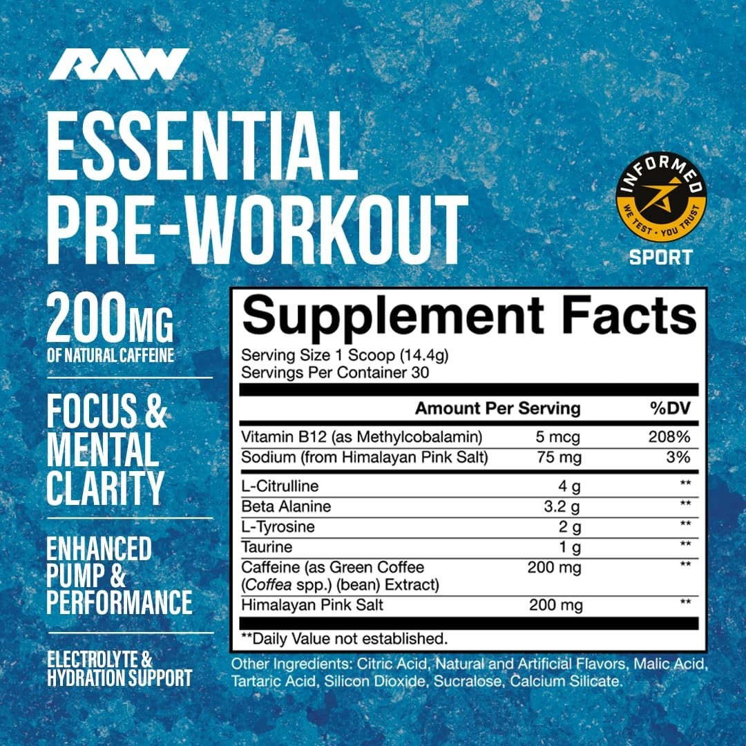 Essential Pre Workout Powder | Energy Drink for Men & Women | Blue Raspberry Fla