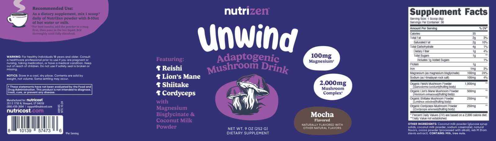 Nutricost Nutrizen PM Unwind Adaptogenic Mushroom Drink Mocha Flavored 30 Serv.
