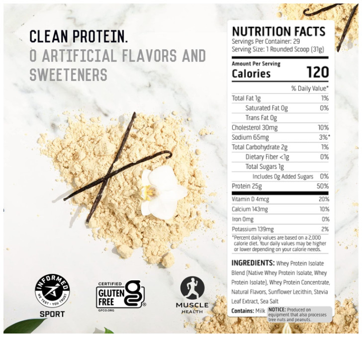 Ascent 100% Whey Protein Isolate Powder Vanilla Bean 2 lb Post Workout Protein