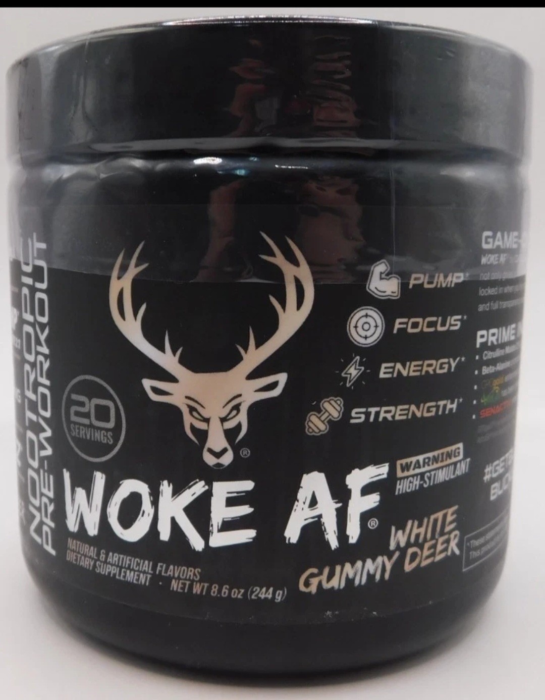 Bucked Up WOKE AF PreWorkout White Gummy Deer Energy Pump Focus 20 Ser Exp 09/27