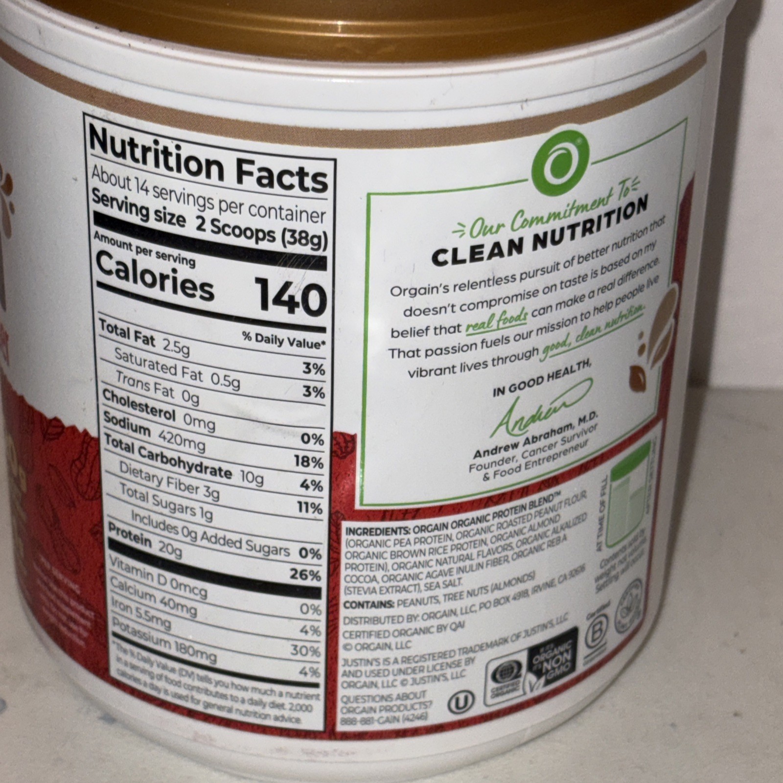 Orgain X Justin’s Organic Nut Butter Protein Powder Chocolate Exp6/17/26 1.17lb