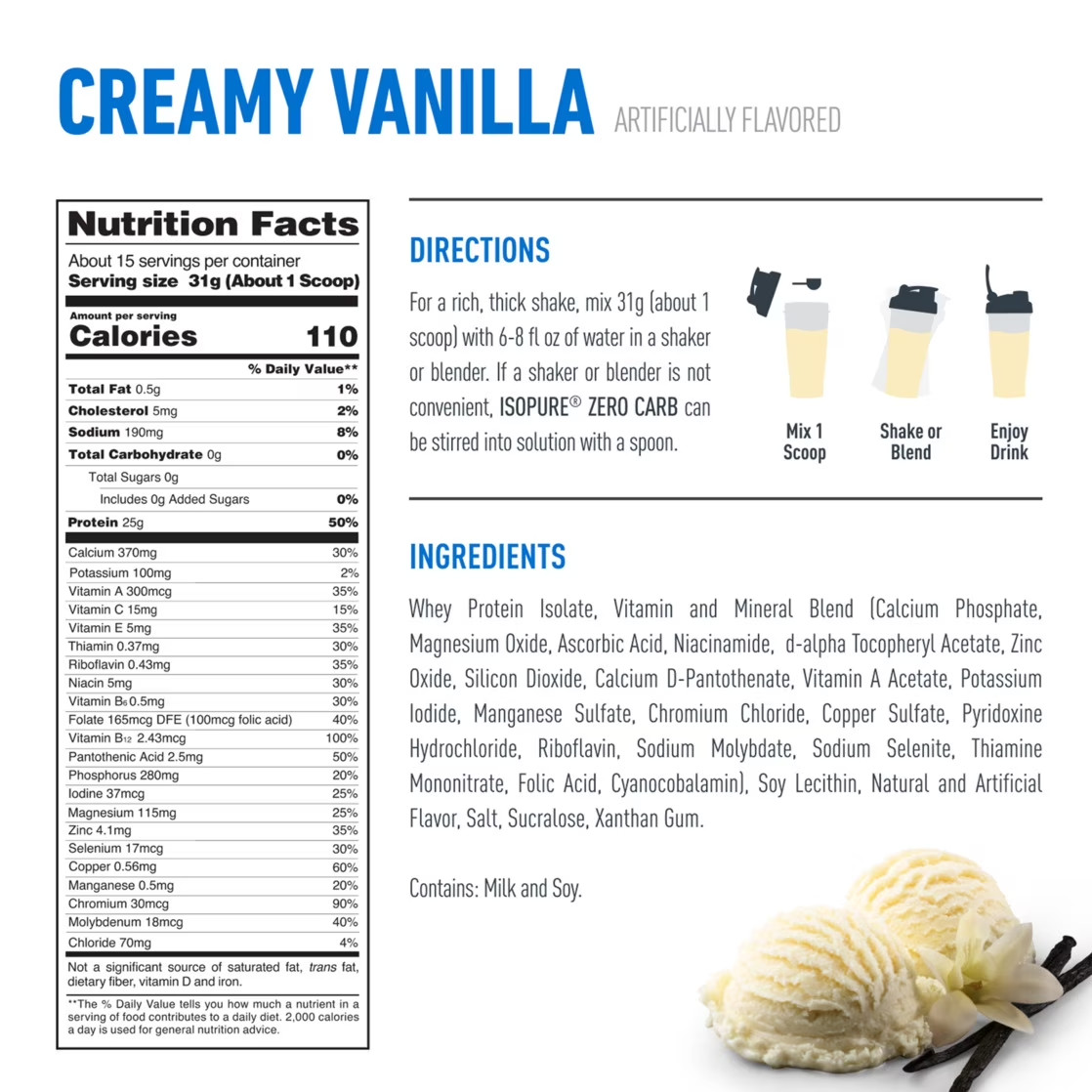 Zero Carb 100% Whey Protein Isolate Vanilla Protein Powder, 25G, 15 Servings