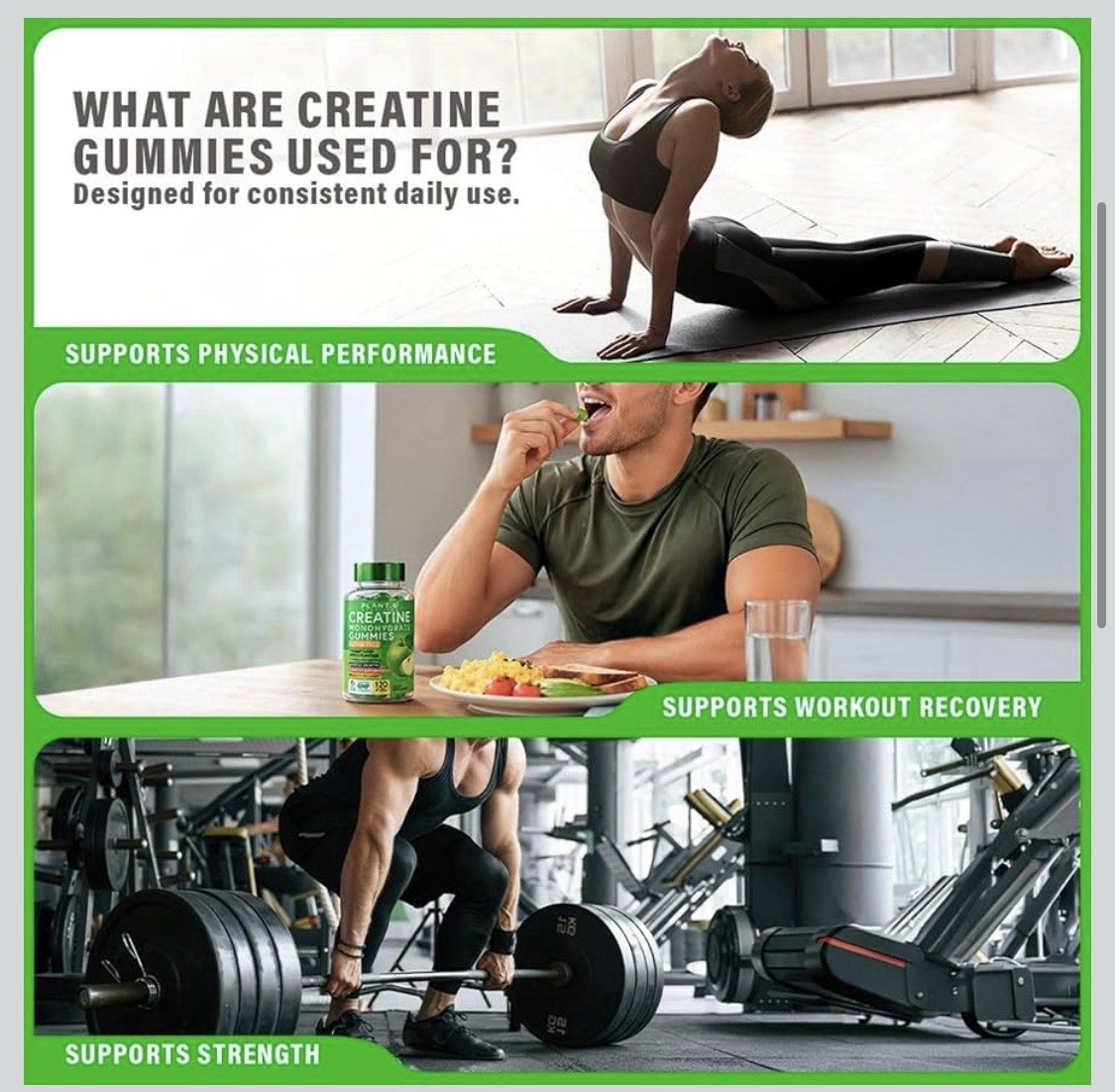 PLANT.O NUTRITION Creatine Monohydrate Gummies Sugar Free 120 Count Green Apple