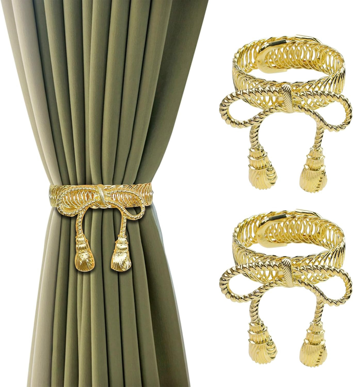 Curtain Tiebacks, Gold Bow Tie Metal Curtain Holdbacks, 2 Pcs | No-Drill Design,