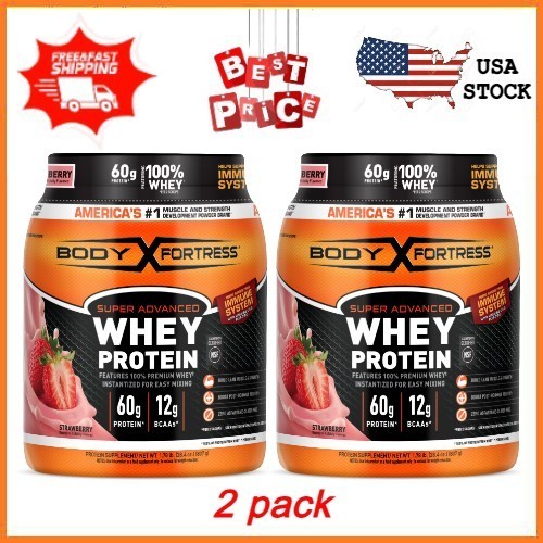 2 pack Body Fortress Super Advanced 100% Premium Whey Protein Powder, Strawberry