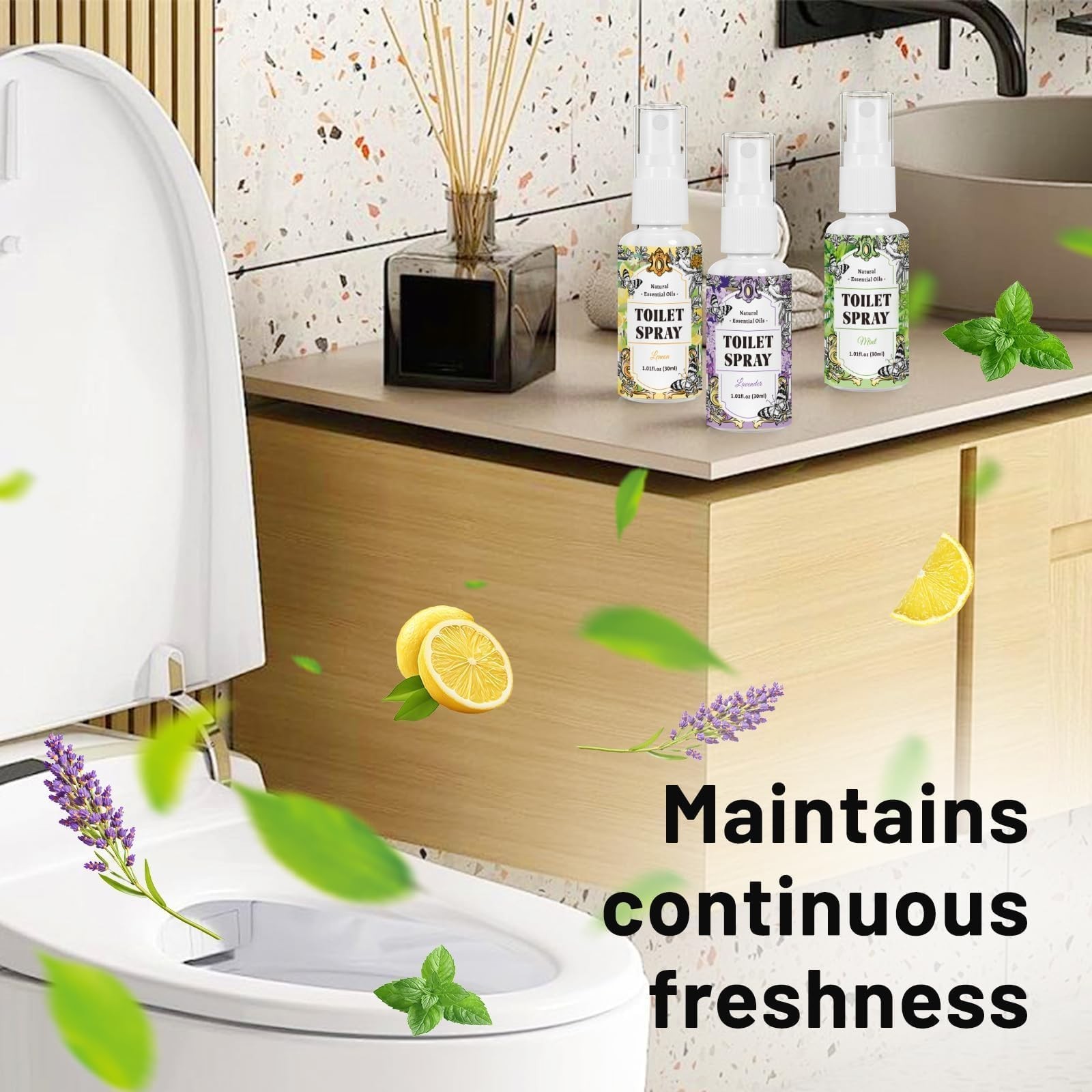 STRN Toilet Spray, 3-Pack Lemon, Mint & Lavender Natural Scent, Portable Inst…