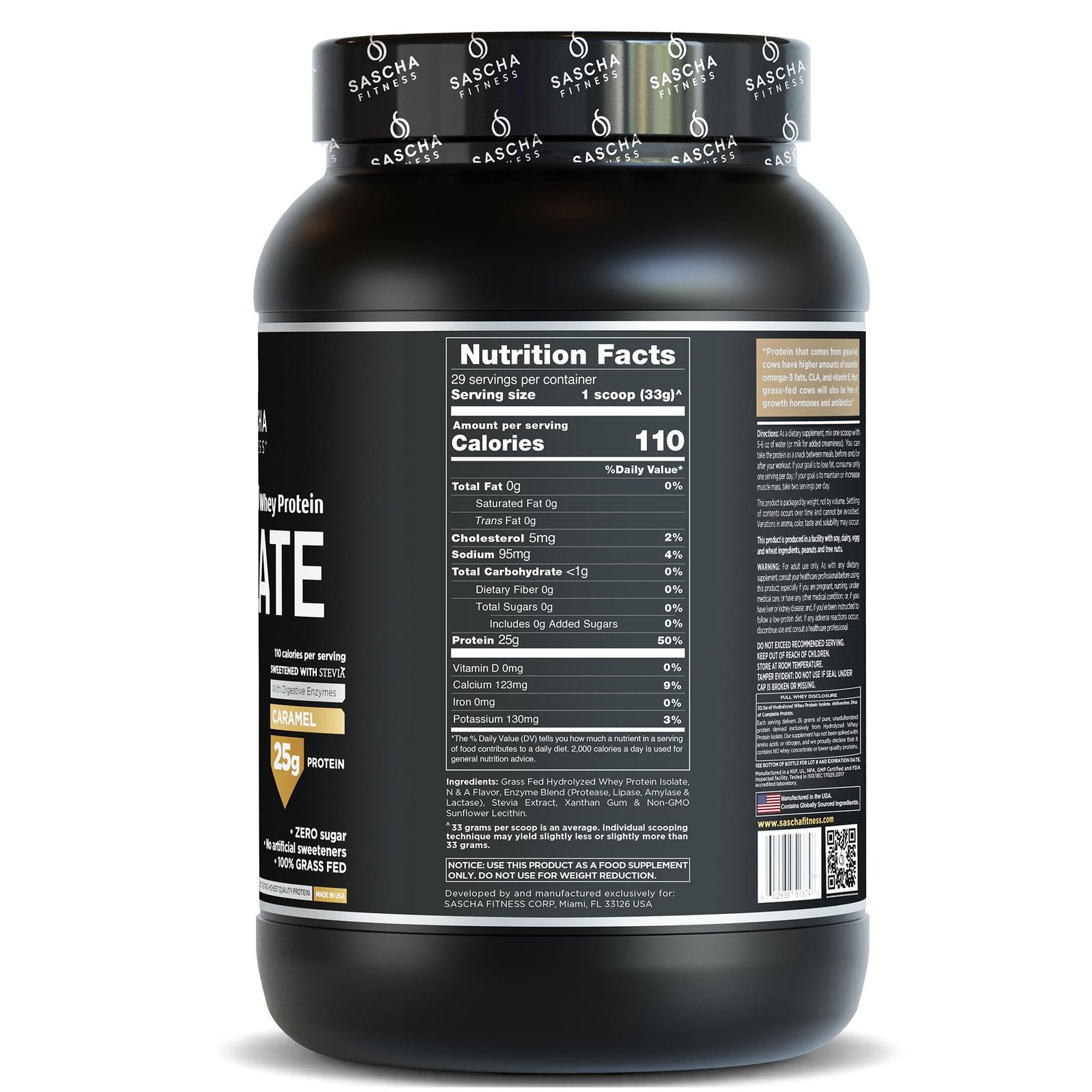 SASCHA FITNESS Hydrolyzed Whey Protein Isolate100% Grass-Fed 2.11 Pounds Cara…