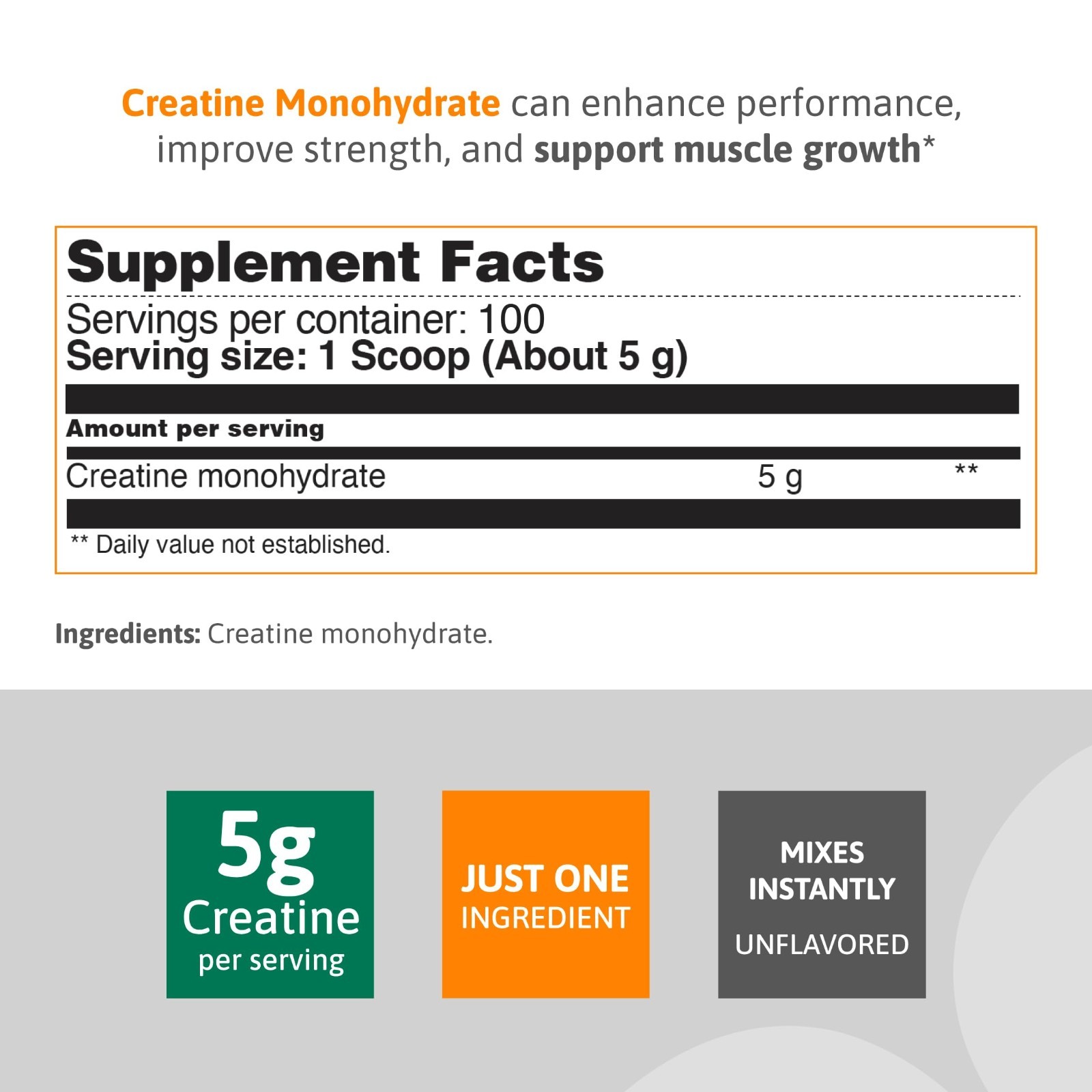 Unflavored Creatine Monohydrate Powder 500g – 5g per Serving, 100 Servings