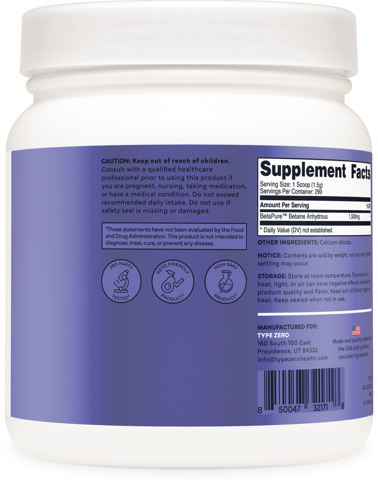 Type Zero Betaine Anhydrous Powder (1 LB) Unflavored – TMG Powder, 1,500mg, Keto