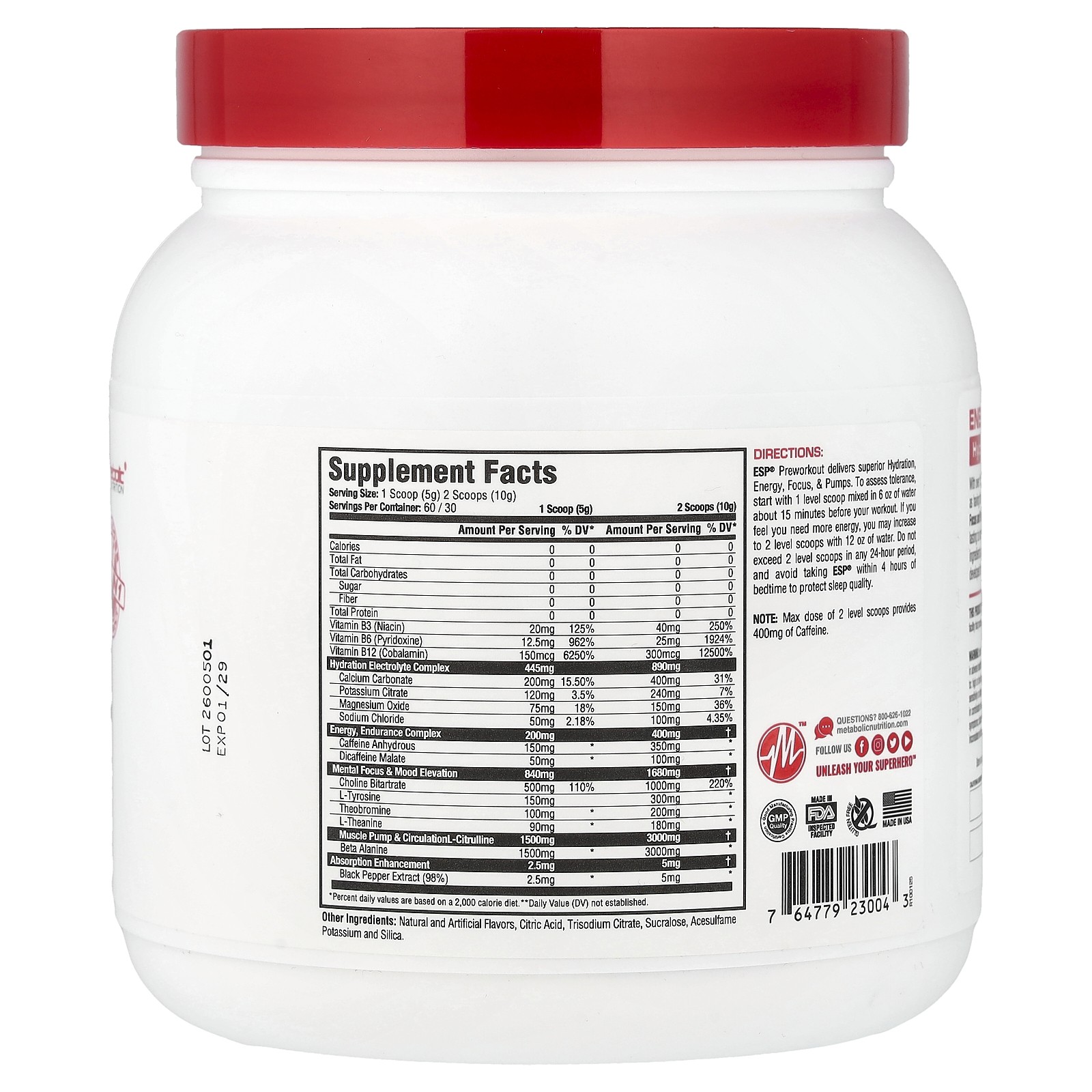 Metabolic Nutrition E S P Pre-Workout Watermelon 300 g Gluten-Free, Sugar-Free