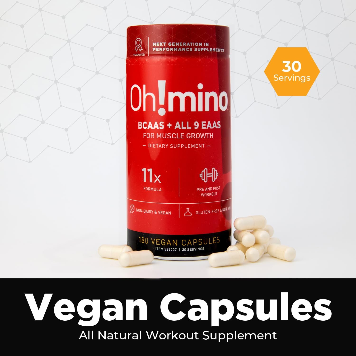 Ohmino Essential Amino Acids Supplement, Caffeinated Capsules, All 9 EAAs, BC…