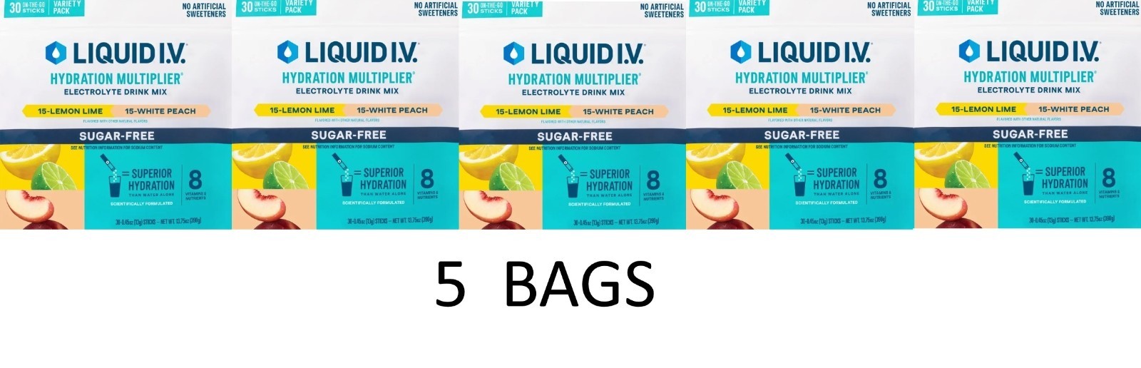 Liquid IV Hydration Multiplier Electrolyte SUGAR FREE LIME & PEACH – 5 BAGS