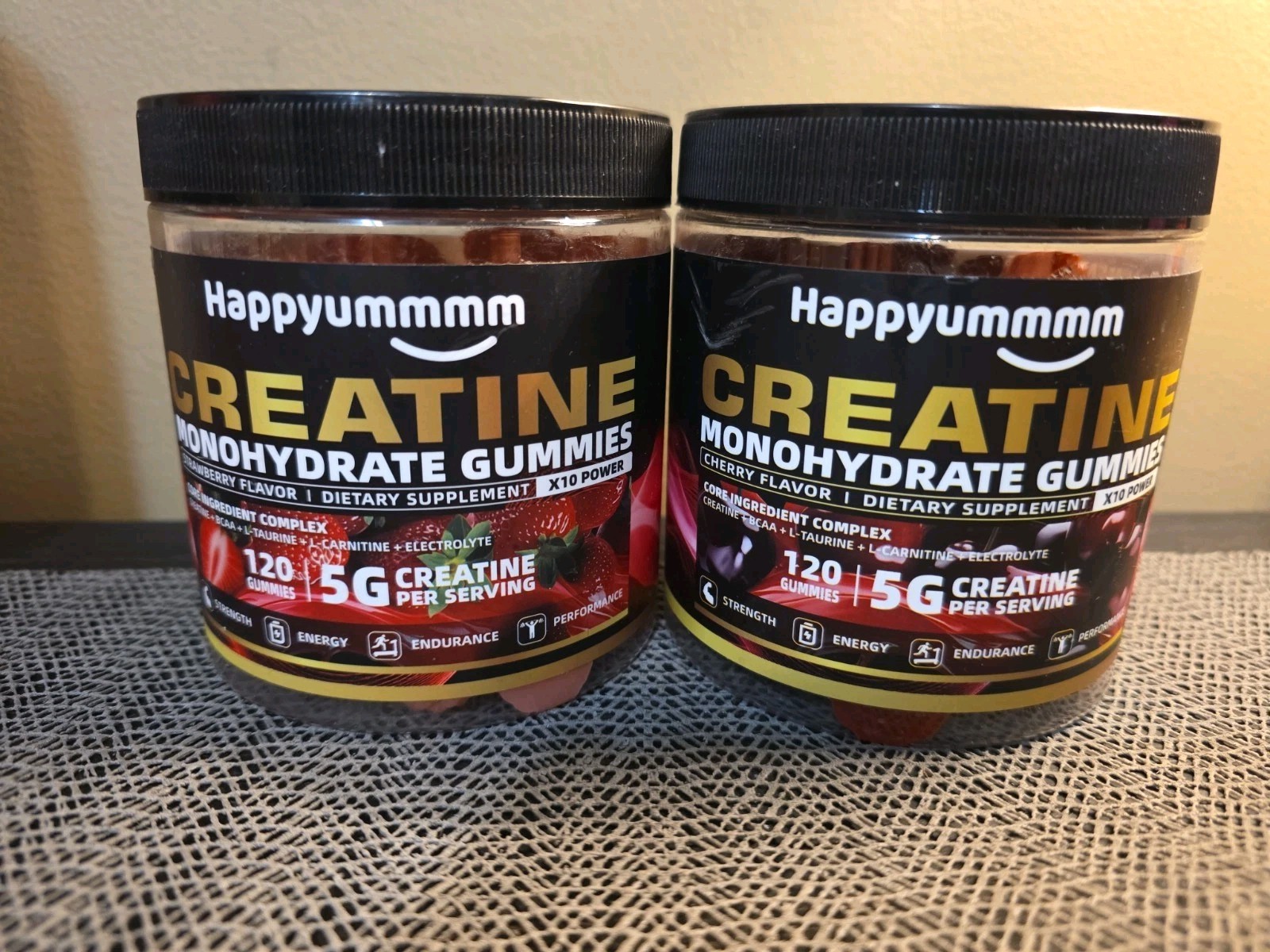 Happyummmm Creatine Monohydrate Gummies, 2 Pack, 1 Stawberry, 1 Cherry