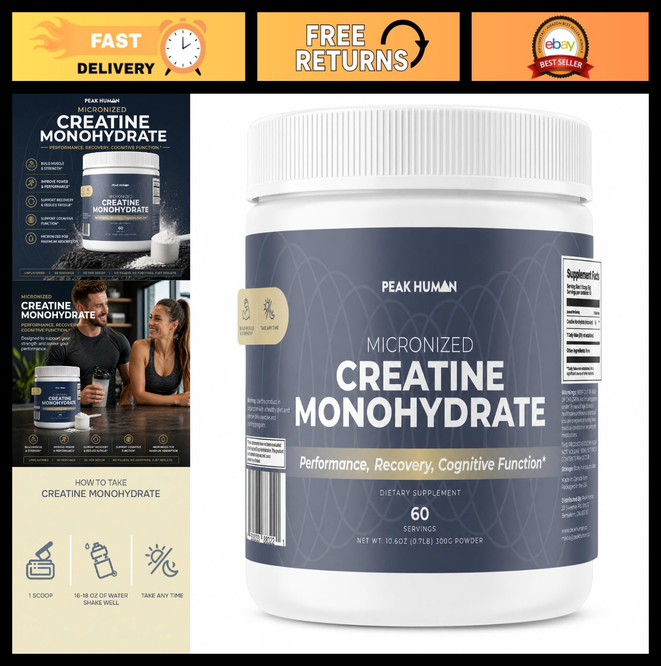 Pure Creatine Monohydrate Powder – Unflavored, Boosts Strength & Muscle Recovery