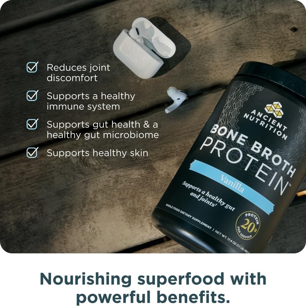 Ancient Nutrition Bone Broth Protein Powder Vanilla 20srv Grass Fed Collagen