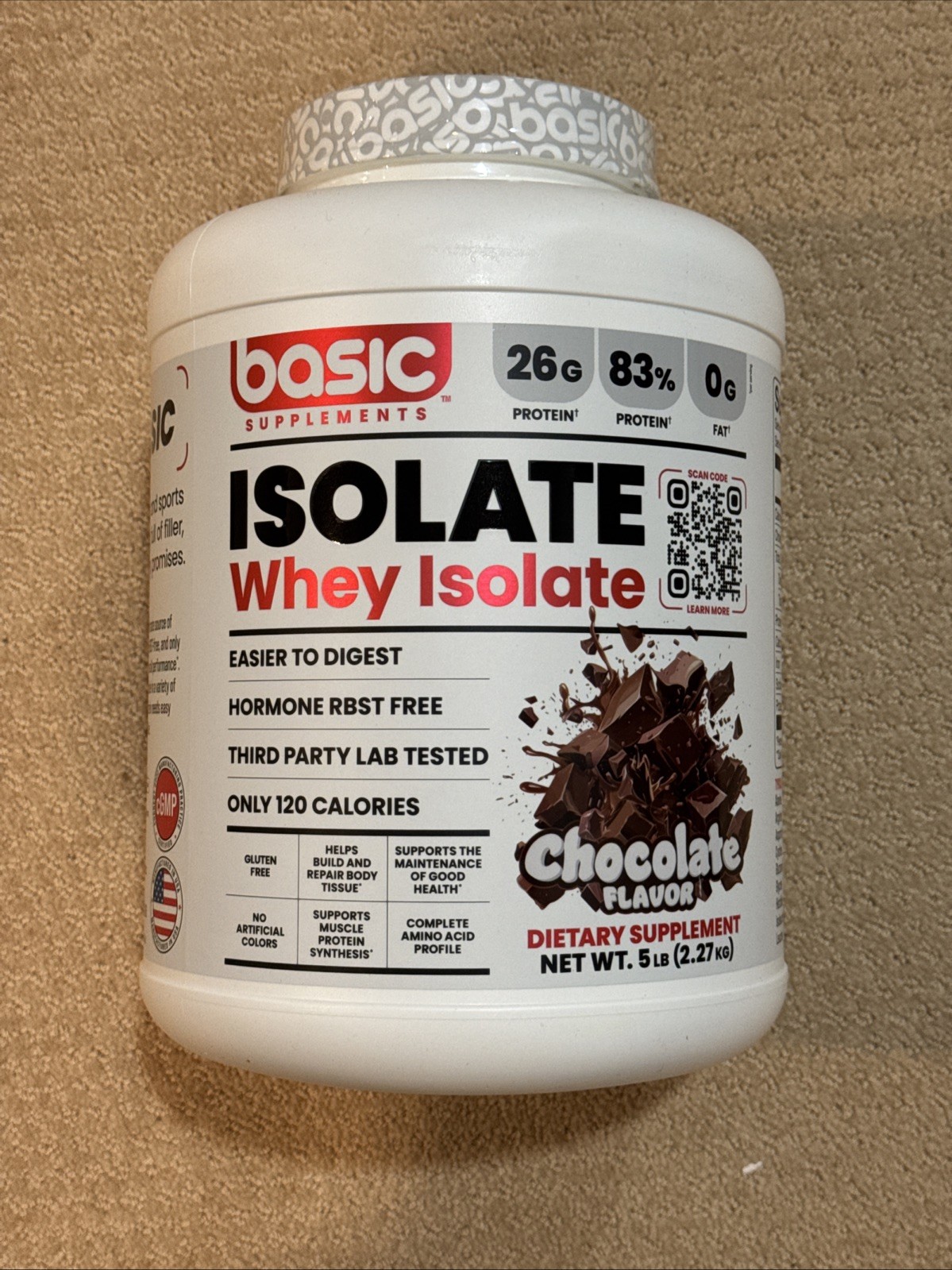 Basic Whey Protein Isolate 26g Protein Chocolate 5lb Exp 10/2027