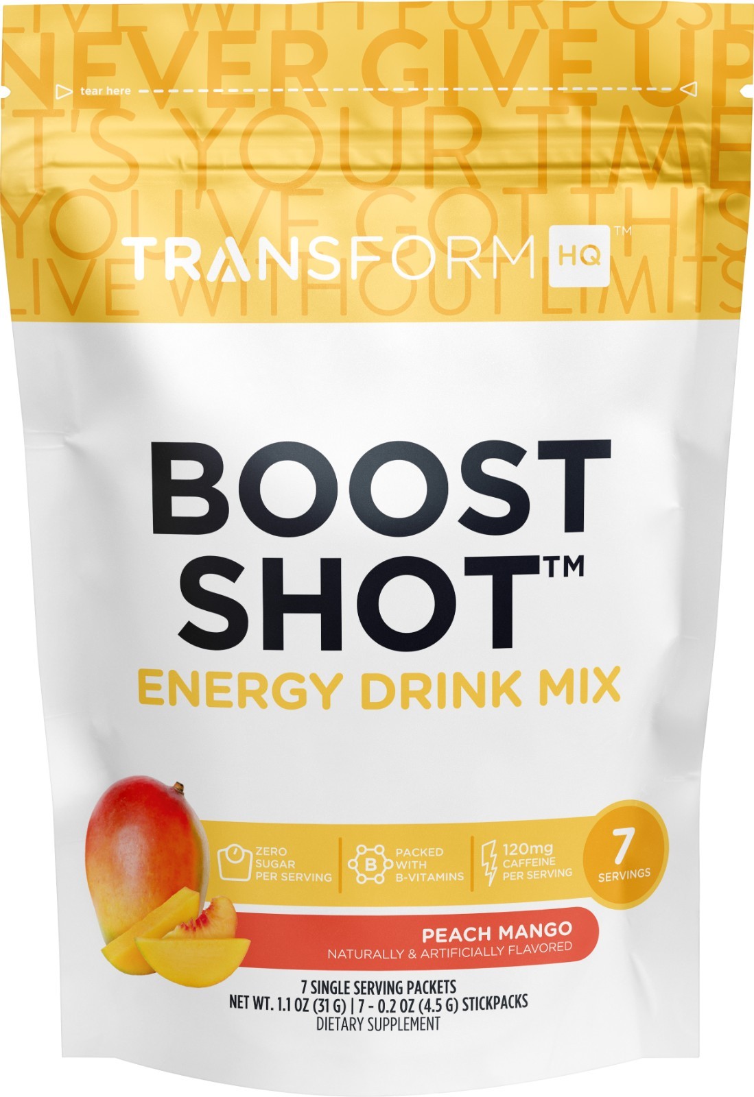 TransformHQ Boost Shot Powder Stick Packets, Peach Mango Energy – 7 Pack