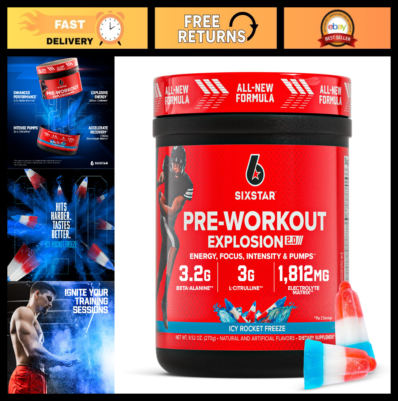 Pre-Workout Powder for Men & Women, ICY Rocket Freeze – 30 Servings, Energy Boos