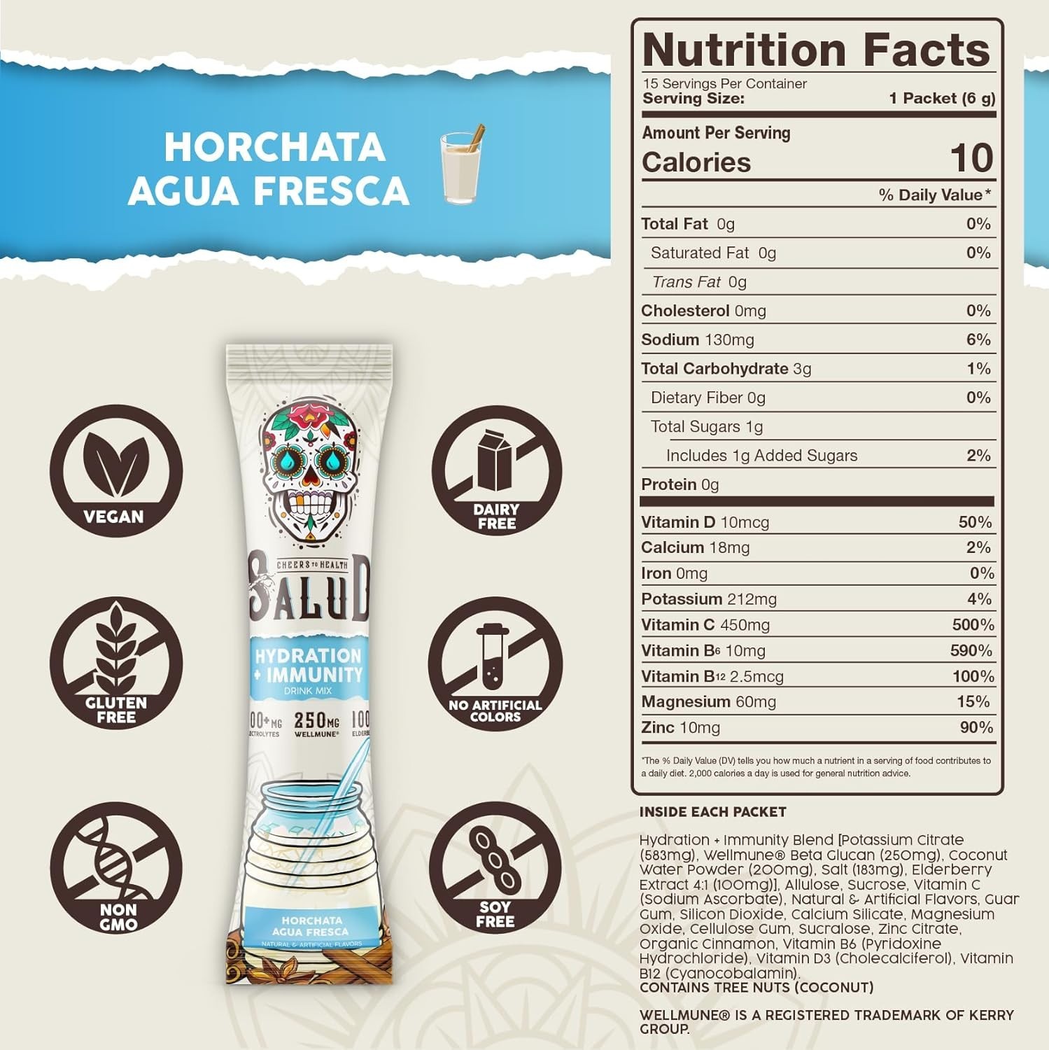 2‑in‑1 Salud Hydration Immunity Electrolytes Horchata Elderberry 1g Sugar 15ct