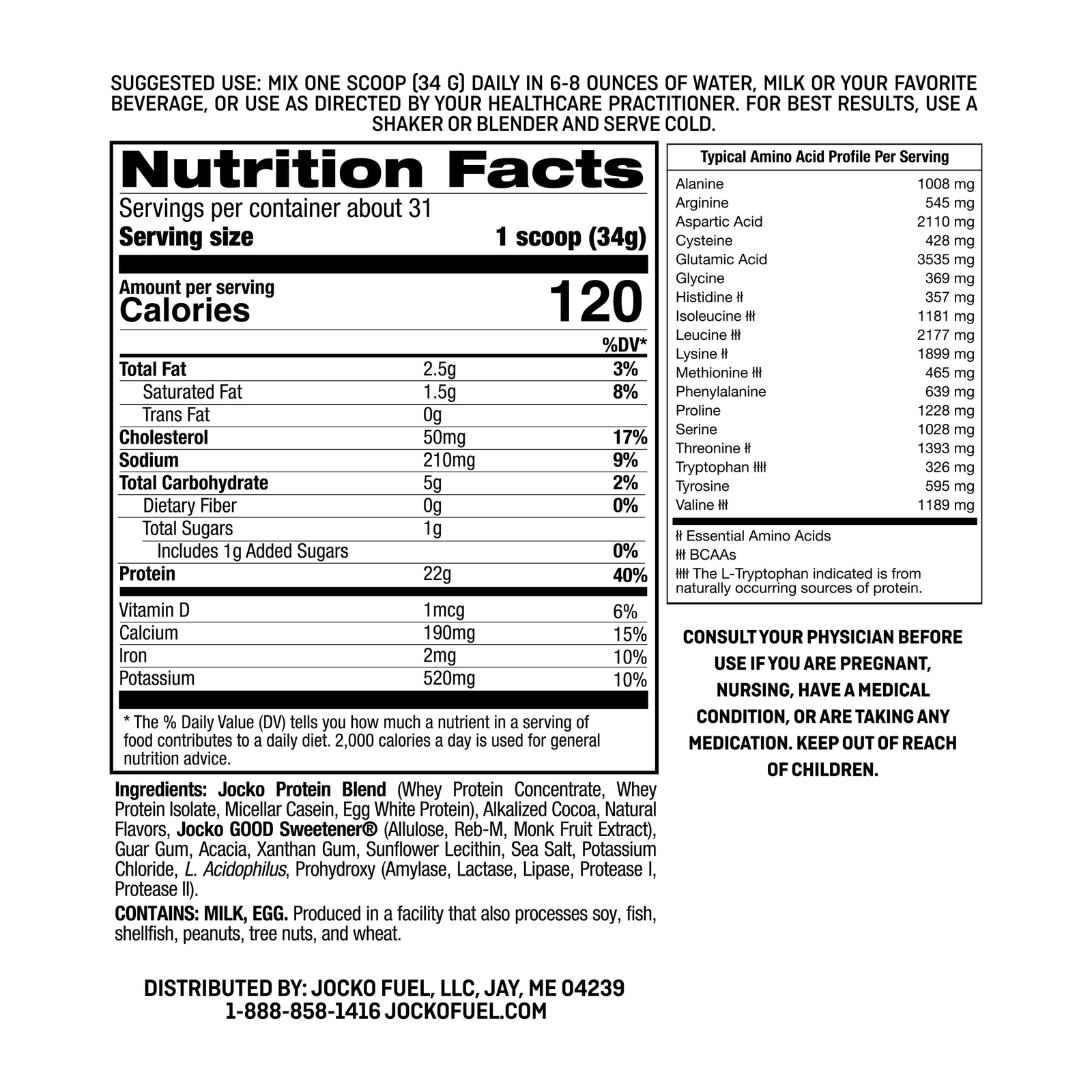 WHEY PROTEIN POWDER Muscle Growth Chocolate Milkshake 31 Servings JOCKO FUEL