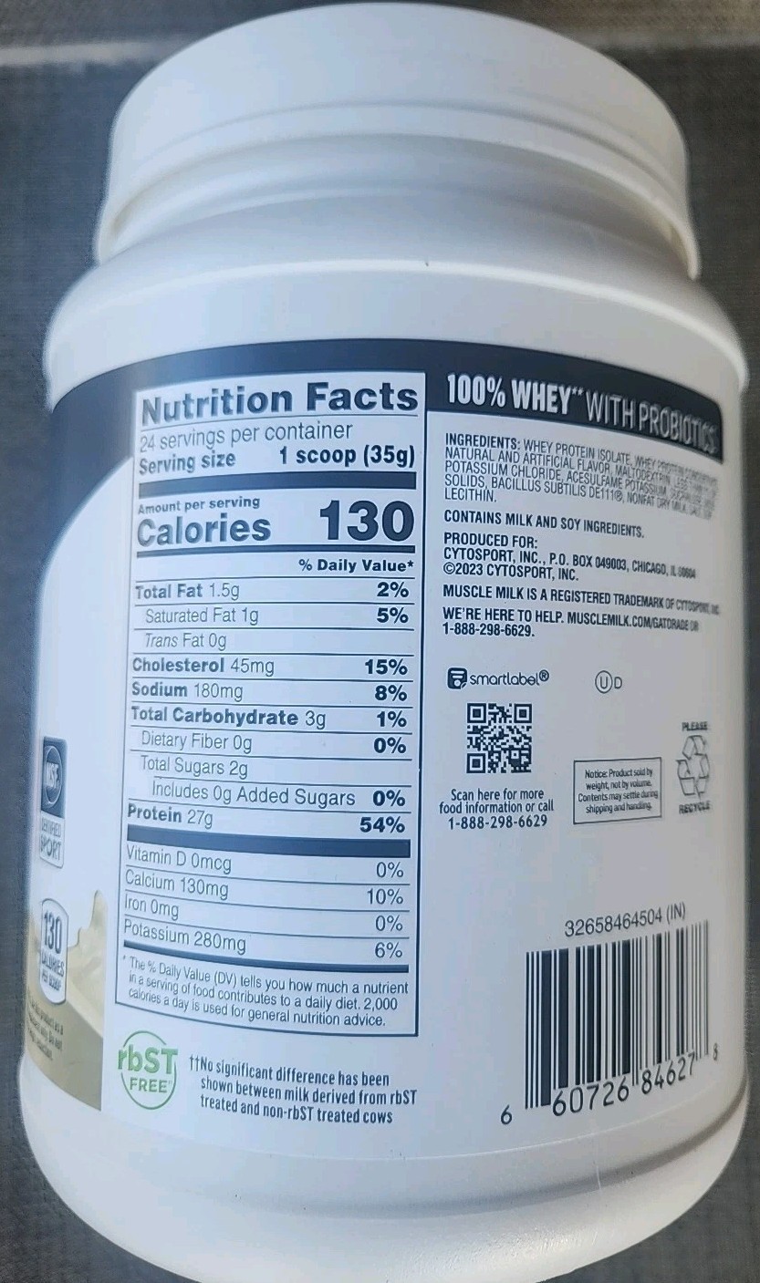 100% Whey With Probiotics Protein , Vanilla, 1.85 Pound Muscle Milk 23 Servings