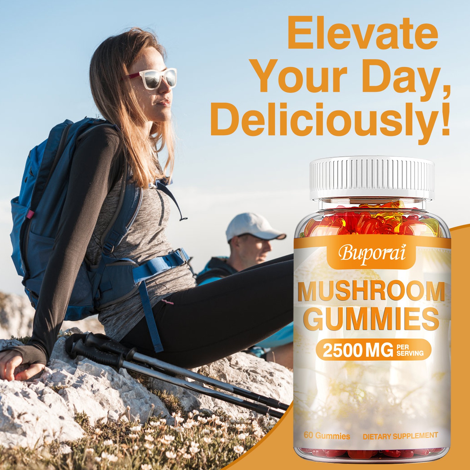 BUPORAI Mushroom Gummies Reishi Cordyceps Maitake Energy 60pcs