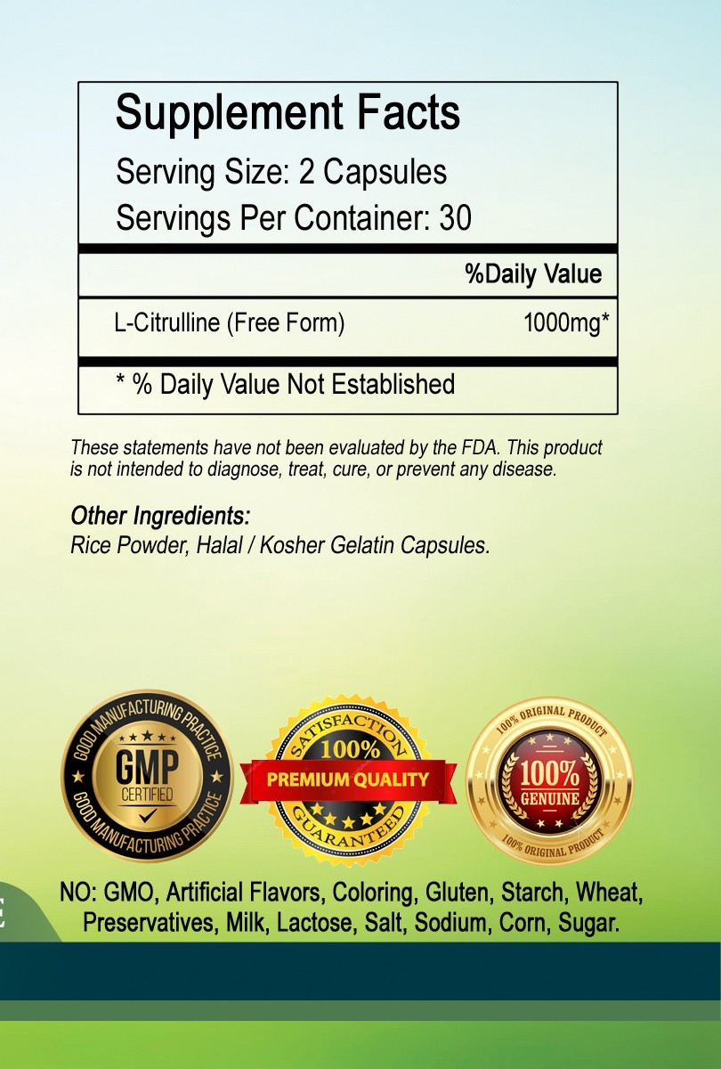 L-Citrulline Amino Acid Capsules 1000mg Per Serving – Super Potency