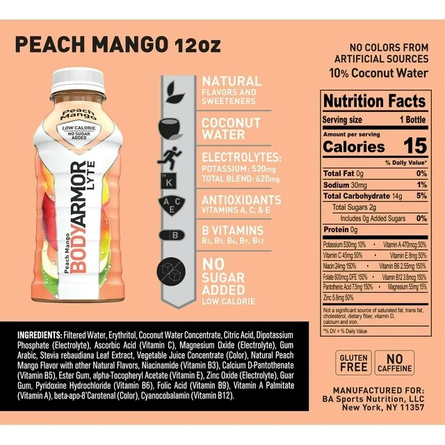 BODYARMOR LYTE Sports Drink Peach Mango, 12 fl oz, 18 Count