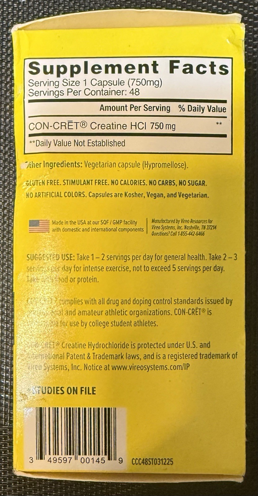 Con-Cret Concentrated Pure Creatine HCI 48 Caps Ex 7/28 FREE FAST SHIPPING