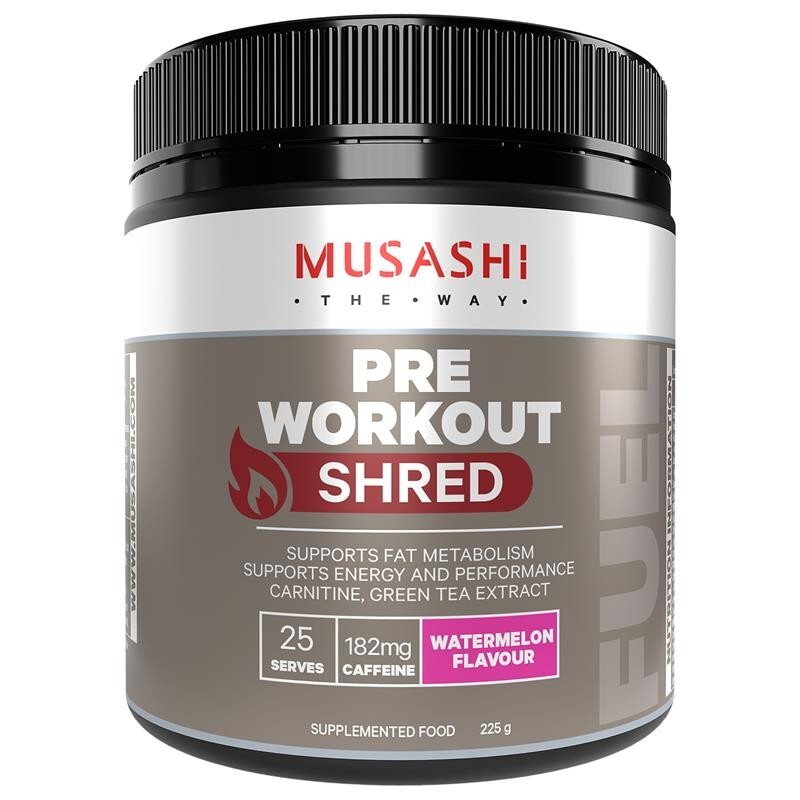 New Musashi Pre Workout Shred Watermelon Flavour 225g PreWorkout 25 Serves