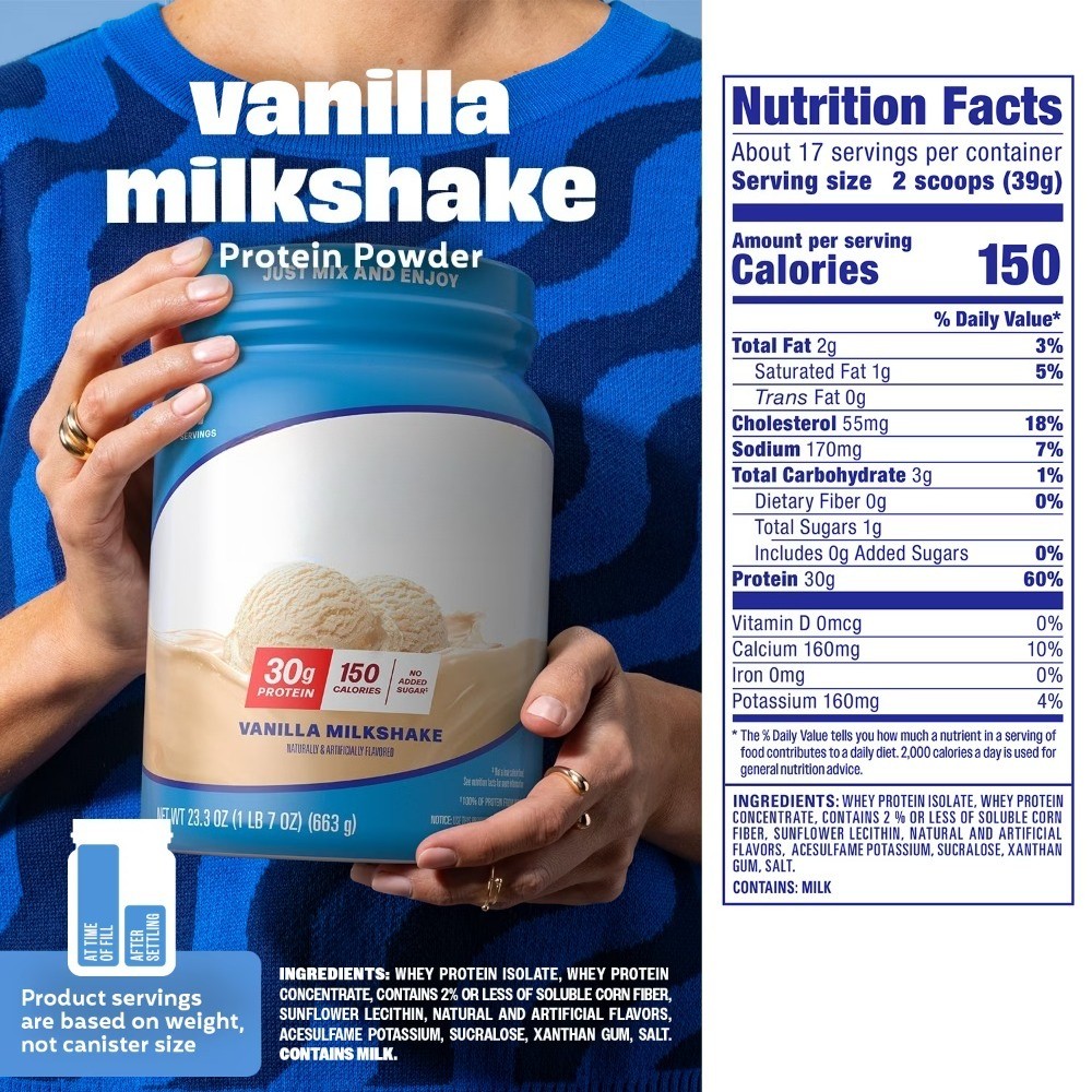 100% Whey Protein Powder, Vanilla Milkshake, 30g Protein, 23.3 oz, 1.7 lb