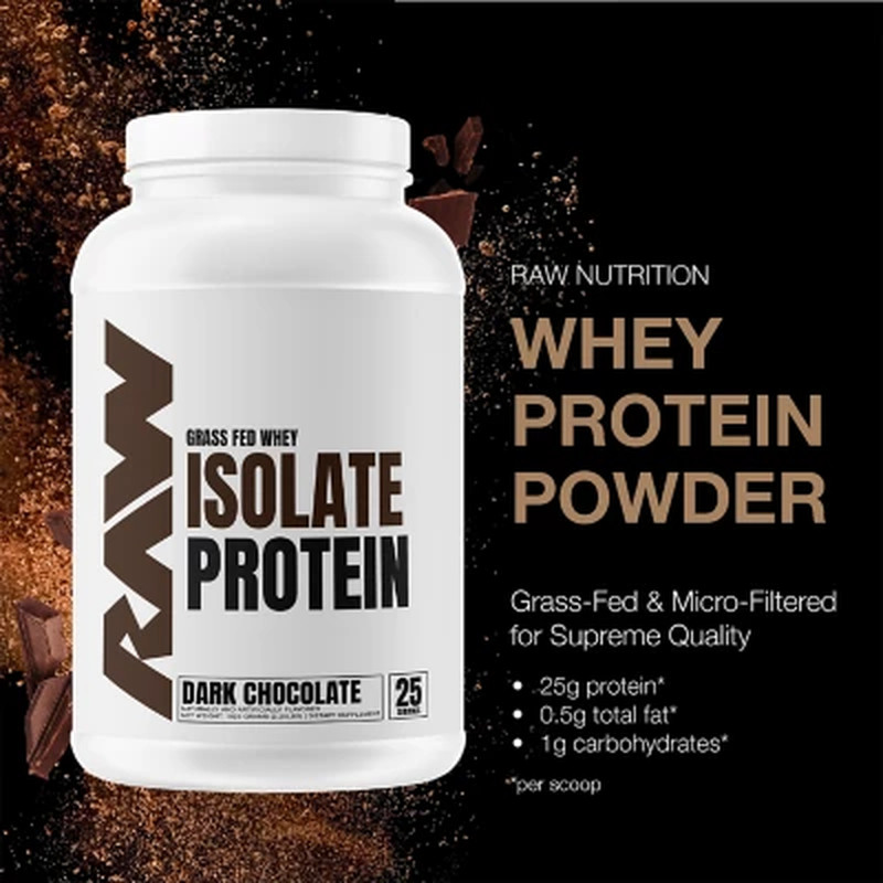 RAW 25g Grass Fed Whey Isolate Protein Powder – Dark Chocolate 1.97 lbs (908g)