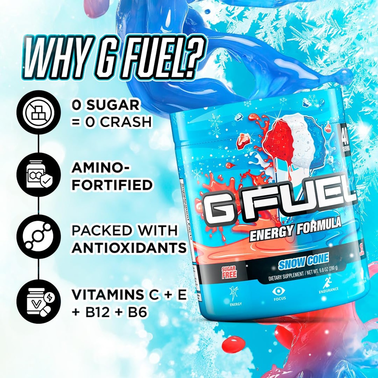 G Fuel Snow Cone Elite Energy Powder, 9.8 oz (40 Servings)