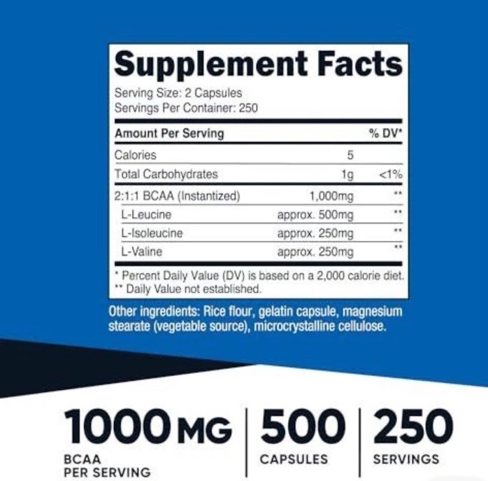 Nutricost BCAA 1000mg, 500 Capsules Exp 3/2028