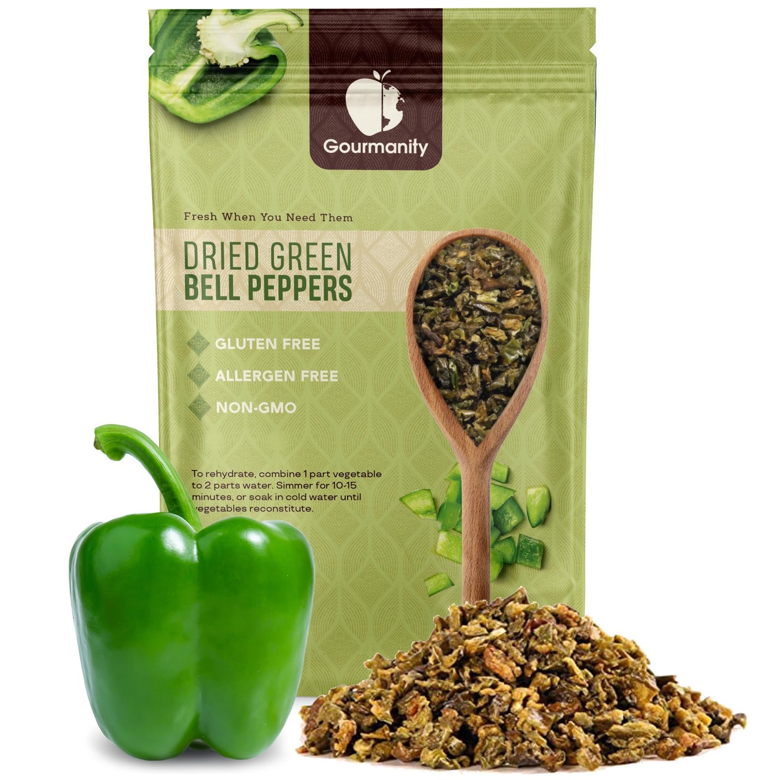 Dried Green Bell Peppers, Diced, 4 oz Resealable Bag