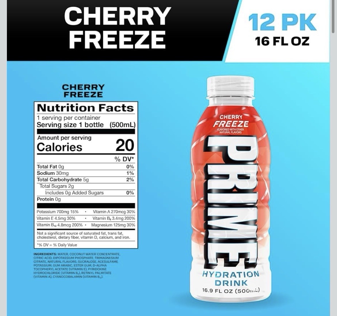 PRIME Hydration CHERRY FREEZE, Sports Drinks with Coconut Water